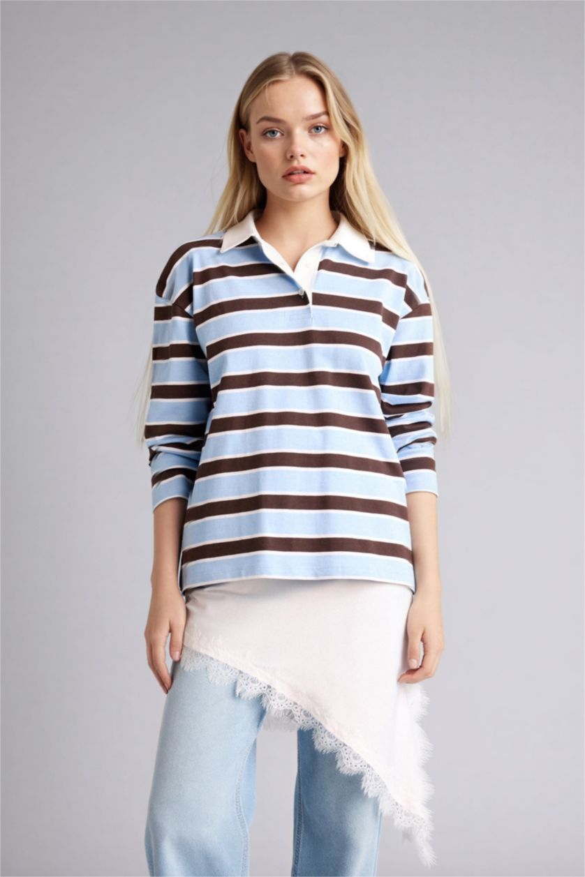 Kadın Mavi Loose Fıt Polo Yaka Sweatshirt