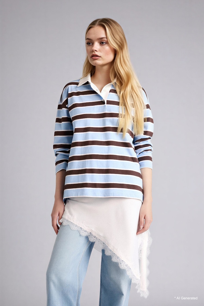 Kadın Mavi %100 Pamuk Loose Fıt Polo Yaka Sweatshirt