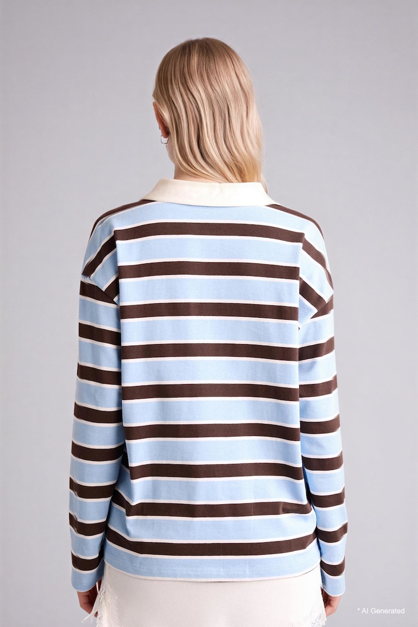 Kadın Mavi %100 Pamuk Loose Fıt Polo Yaka Sweatshirt