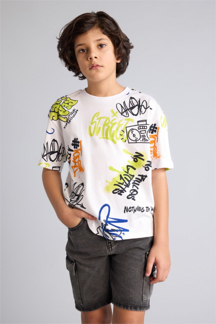 أولادي أبيض تيشيرت اولادي نص كم اوفر سايز منقوش