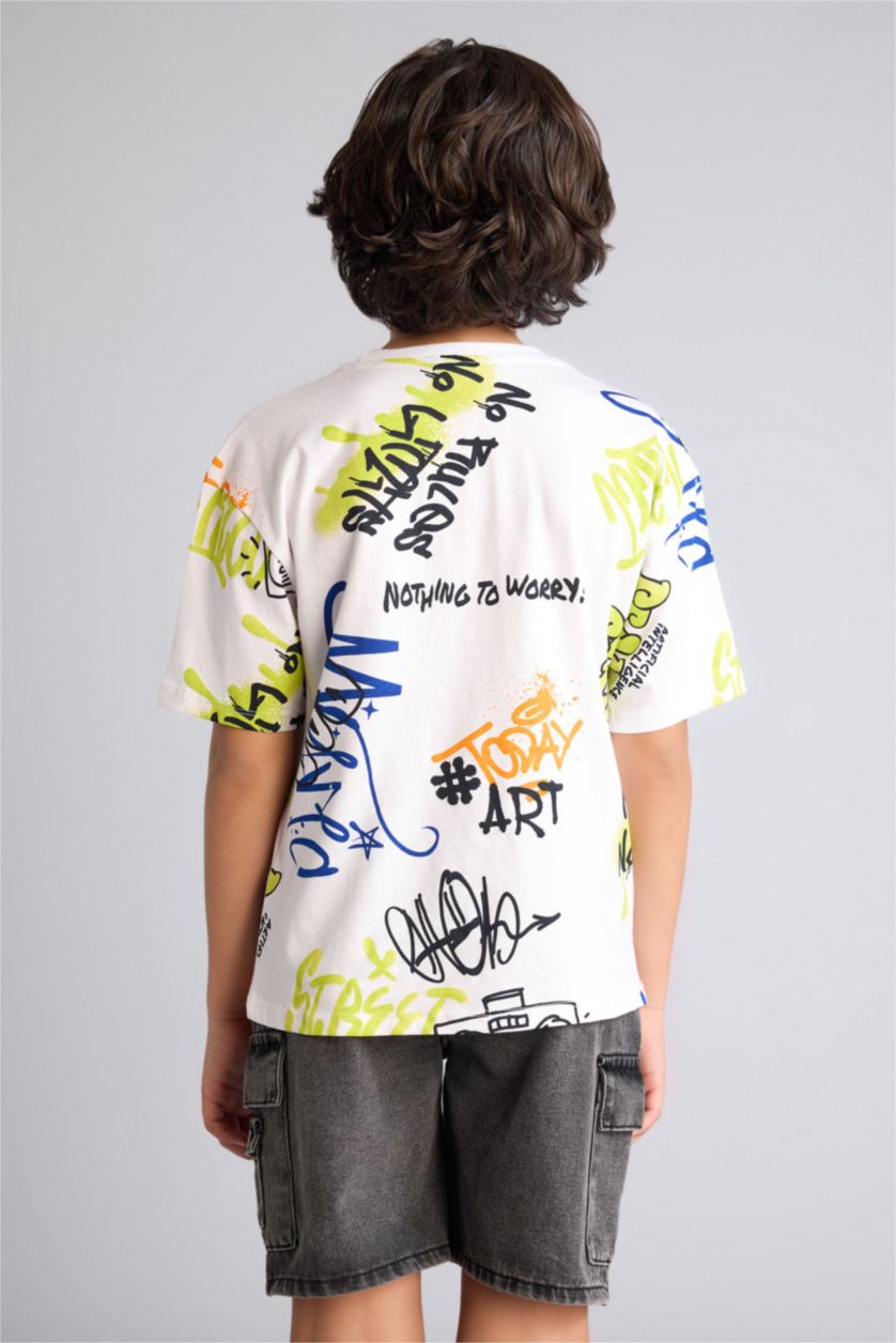 أولادي أبيض تيشيرت اولادي نص كم اوفر سايز منقوش