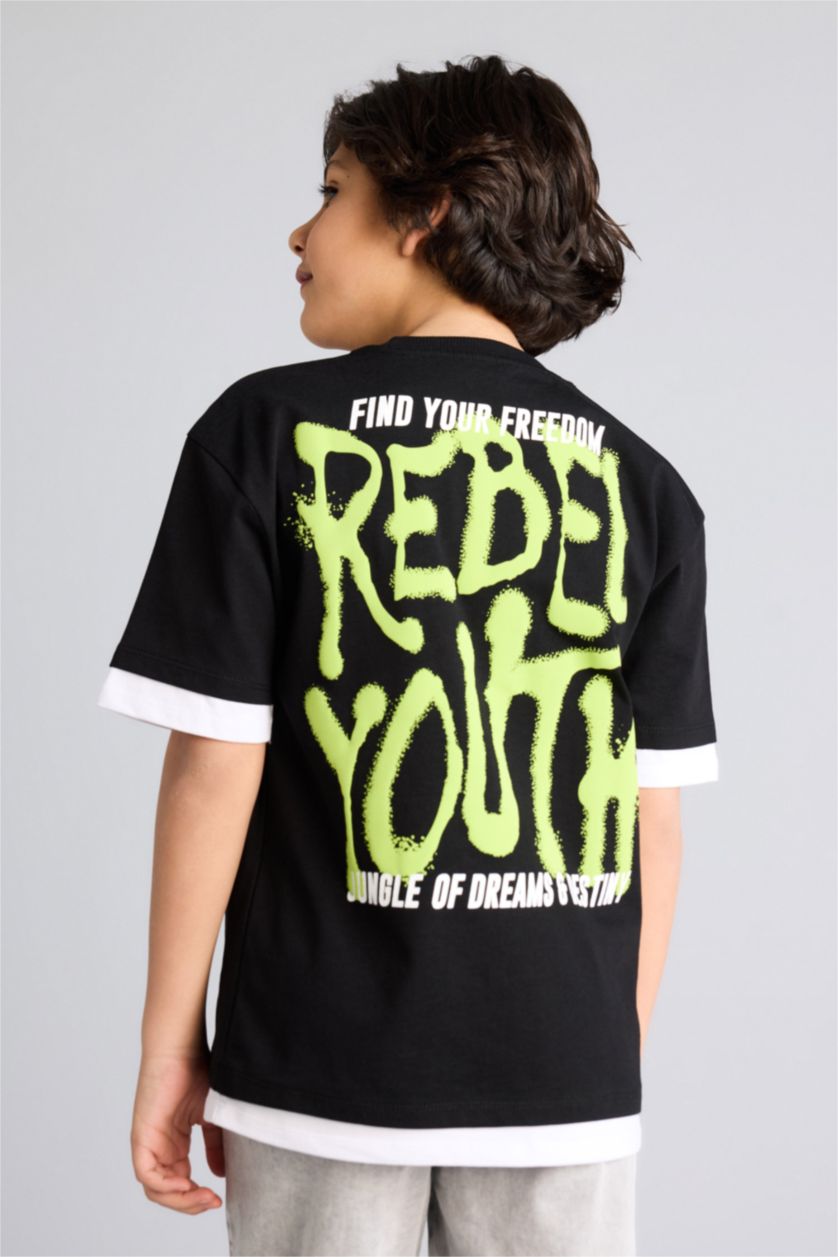 Erkek Çocuk - Genç Erkek Siyah Oversıze Bisiklet Yaka Kısa Kollu Tişört Erkek Çocuk