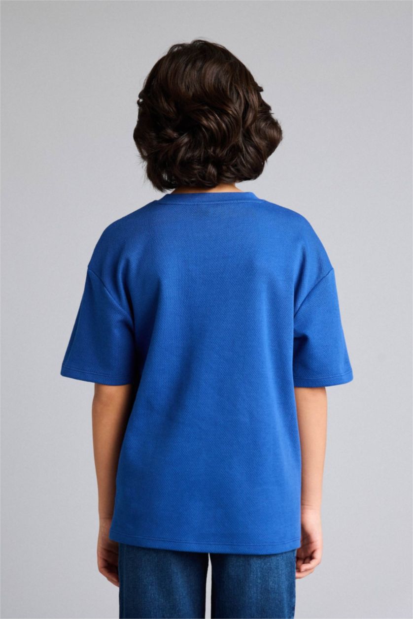 Erkek Çocuk - Genç Erkek Saks Oversıze Nakışlı Yaka Baskılı Tişört Erkek Çocuk