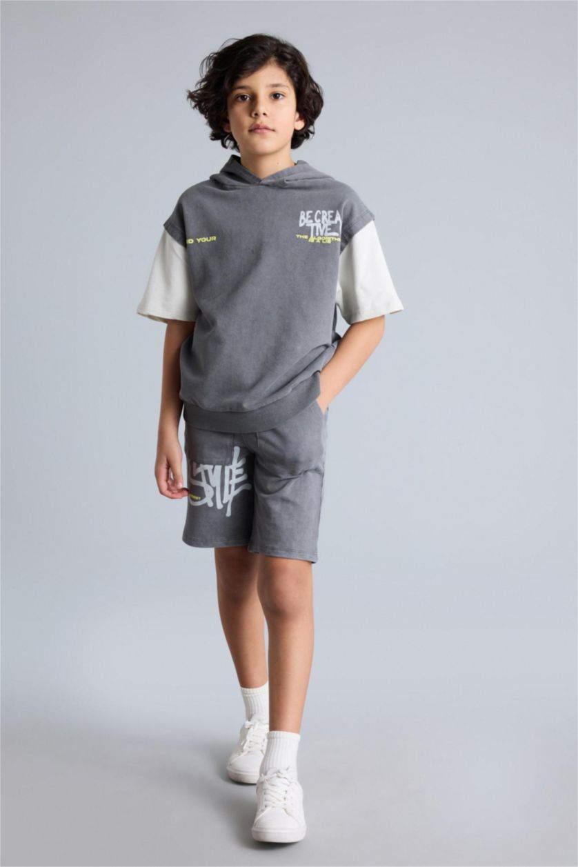Erkek Çocuk - Genç Erkek Gri Oversıze Slogan Baskılı Sweatshirt Kumaşı Şort Erkek Çocuk