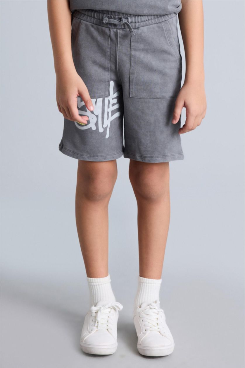 Erkek Çocuk - Genç Erkek Gri Oversıze Slogan Baskılı Sweatshirt Kumaşı Şort Erkek Çocuk