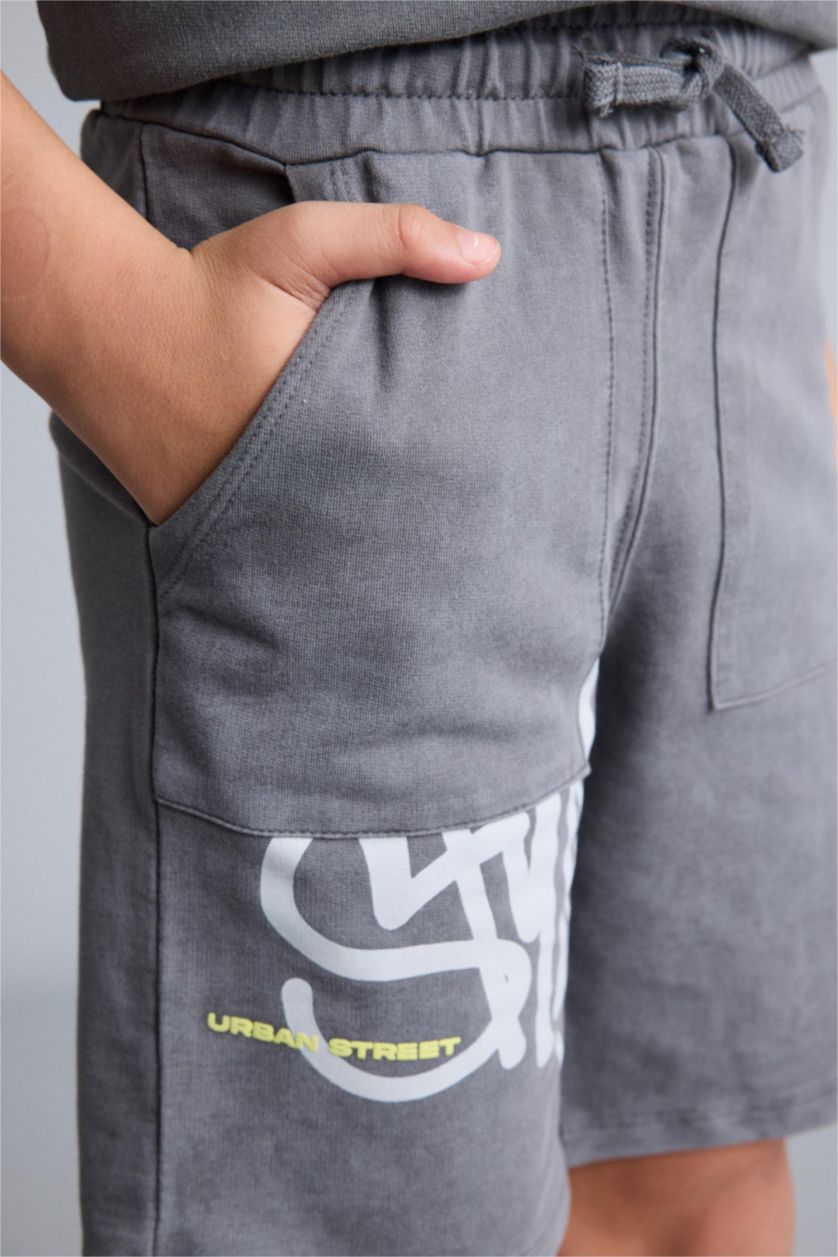 Erkek Çocuk - Genç Erkek Gri Oversıze Slogan Baskılı Sweatshirt Kumaşı Şort Erkek Çocuk