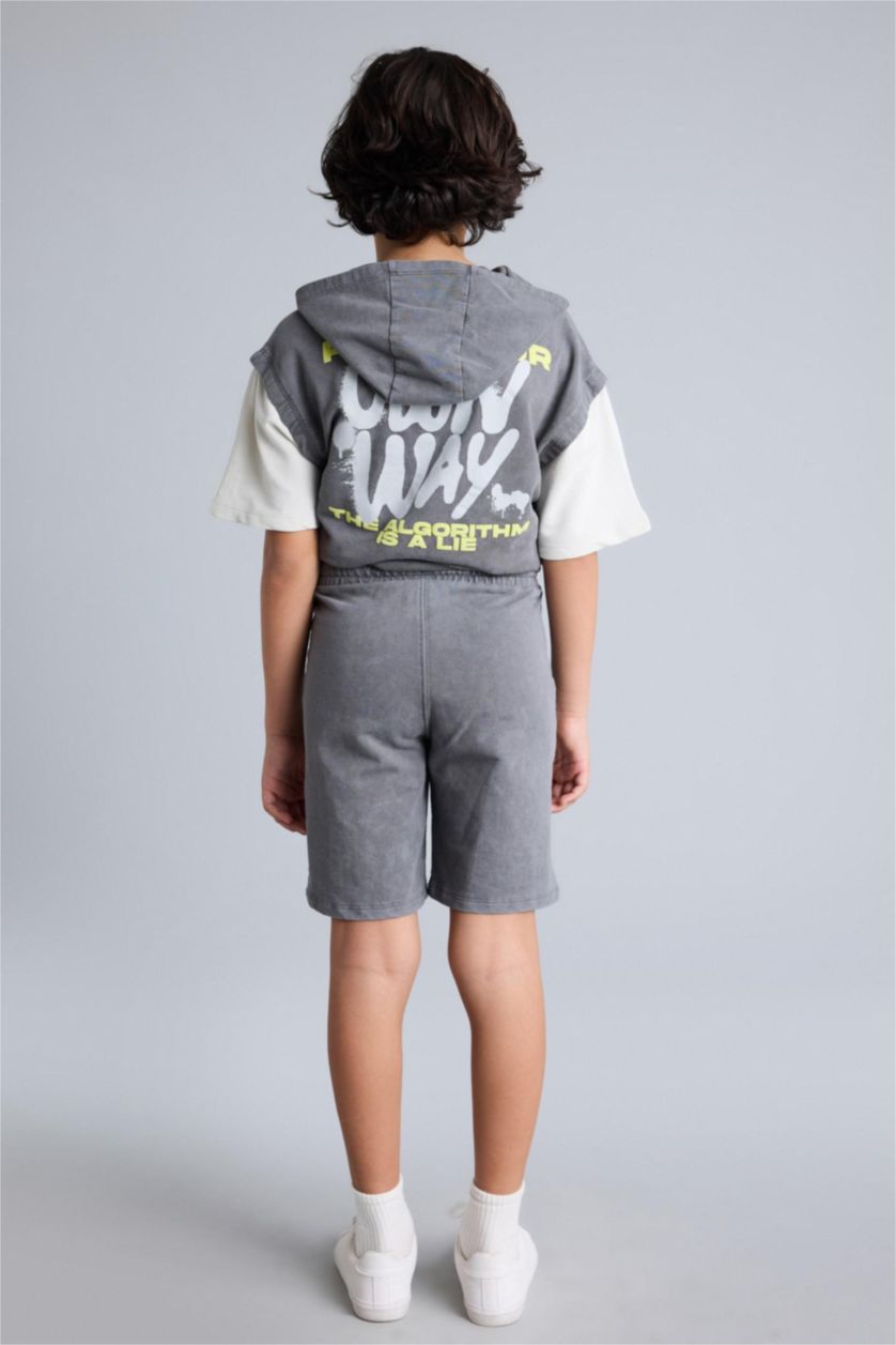 Erkek Çocuk - Genç Erkek Gri Oversıze Slogan Baskılı Sweatshirt Kumaşı Şort Erkek Çocuk