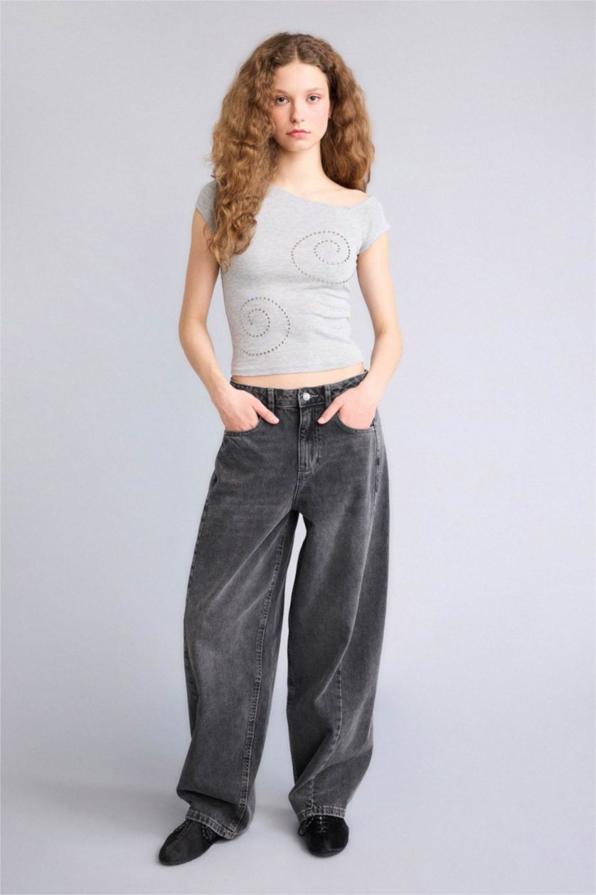 Женщины Серый меланж Fitted Boat Neck Short Sleeve T-Shirt