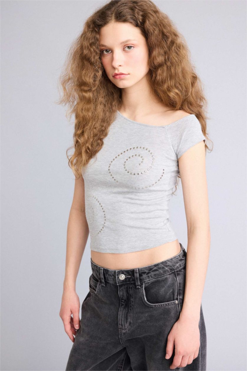 Женщины Серый меланж Fitted Boat Neck Short Sleeve T-Shirt