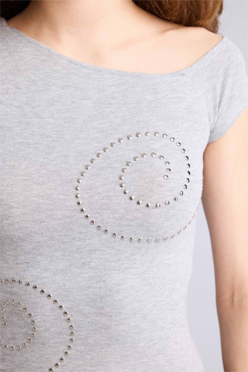 Женщины Серый меланж Fitted Boat Neck Short Sleeve T-Shirt