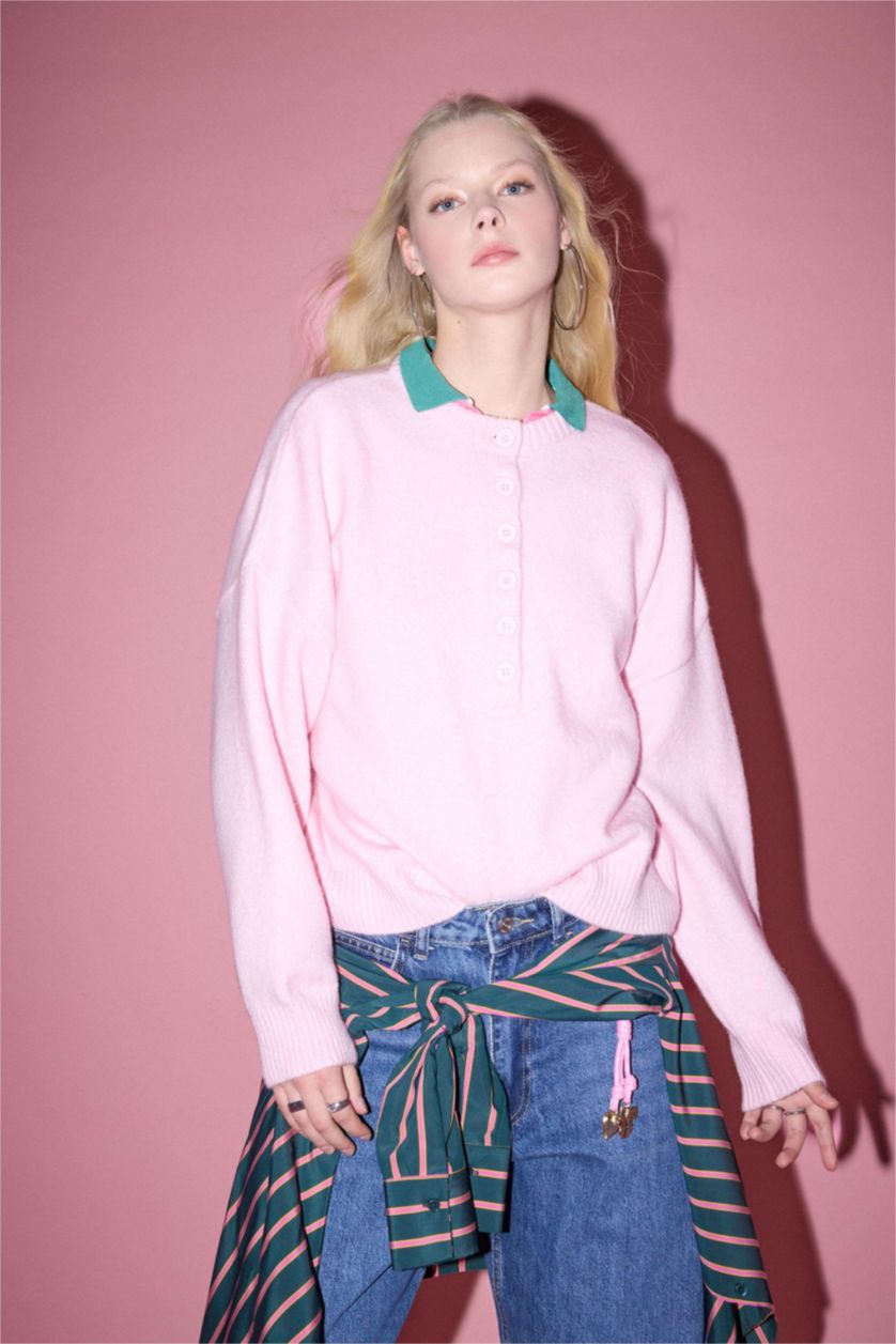 Женщины Светло-розовый Пуловер стандартного кроя с круглым вырезом из трикотажа для женщин