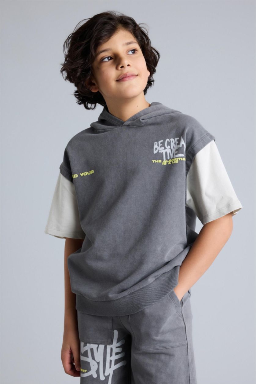 Erkek Çocuk - Genç Erkek Gri Oversıze Baskılı Sweatshirt Kumaş Tişört