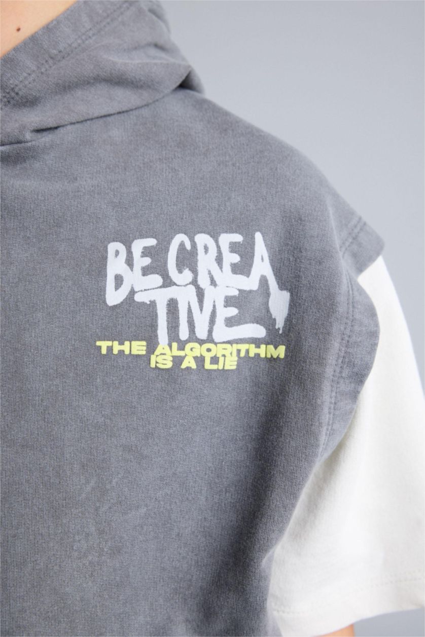 Erkek Çocuk - Genç Erkek Gri Oversıze Baskılı Sweatshirt Kumaş Tişört