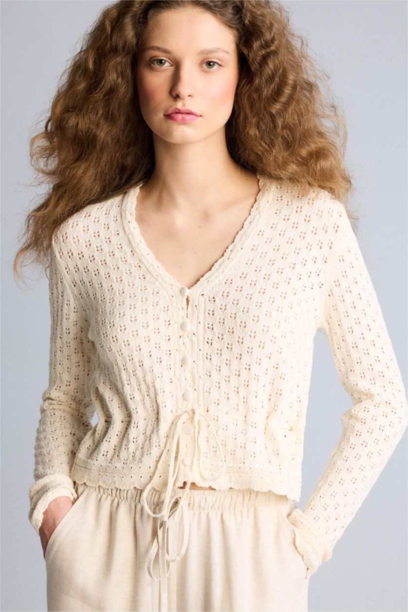 Kadın Ekru Slım Fıt V Yaka Hırka