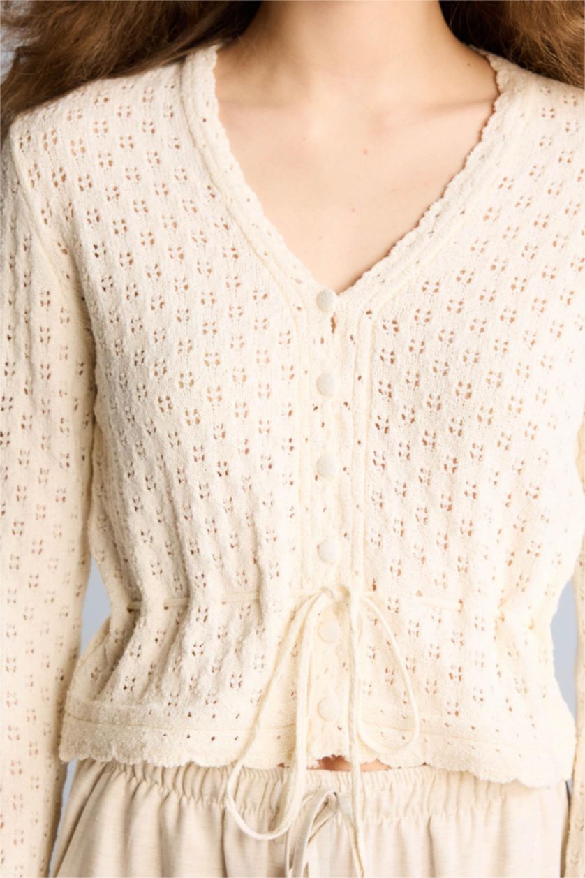 Kadın Ekru Slım Fıt V Yaka Hırka