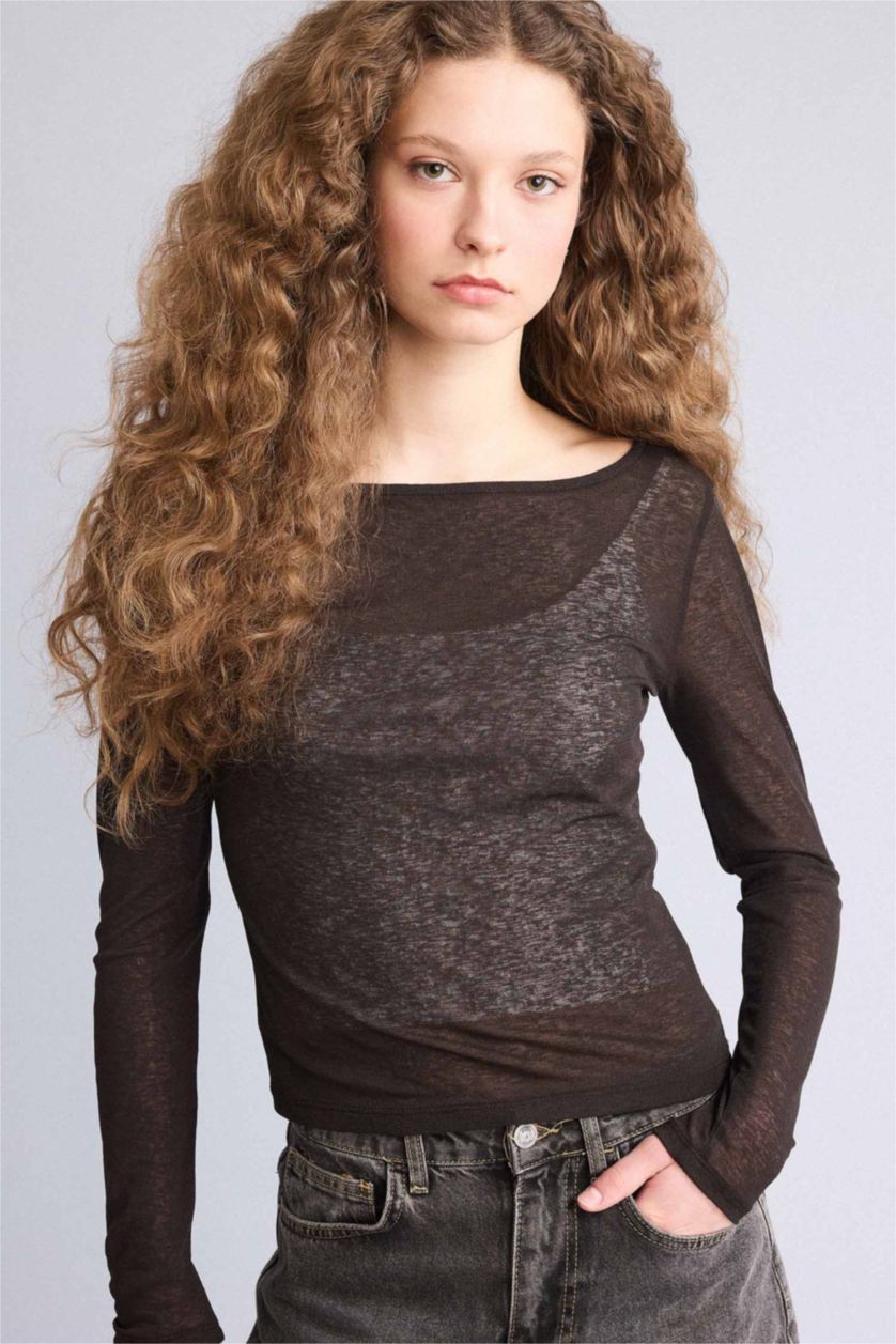 Kadın Kahve Kayık Yaka Uzun Kollu Tişört