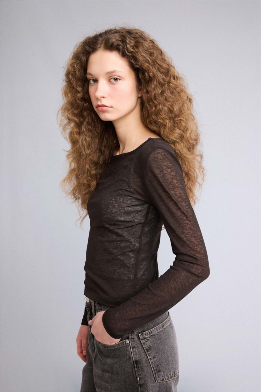 Kadın Kahve Kayık Yaka Uzun Kollu Tişört