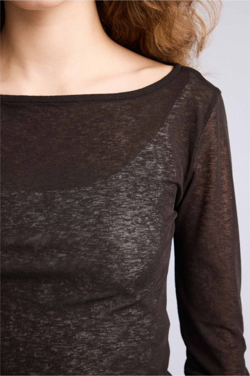 Kadın Kahve Kayık Yaka Uzun Kollu Tişört