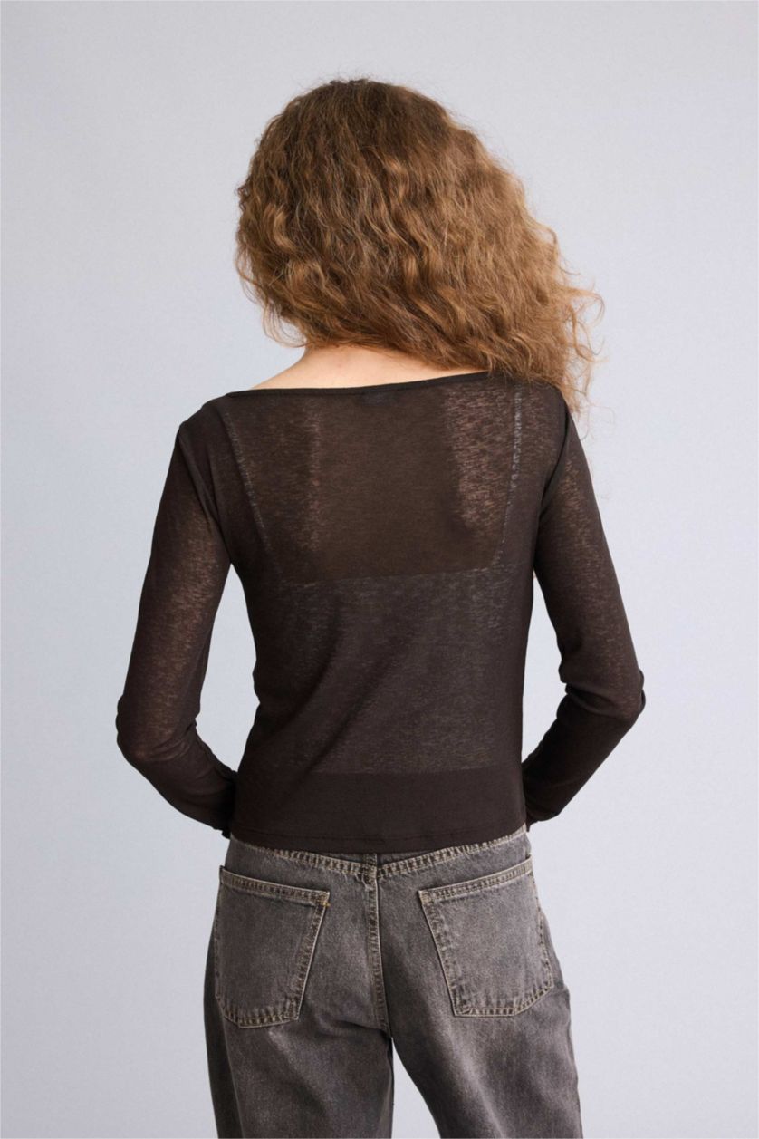 Kadın Kahve Kayık Yaka Uzun Kollu Tişört