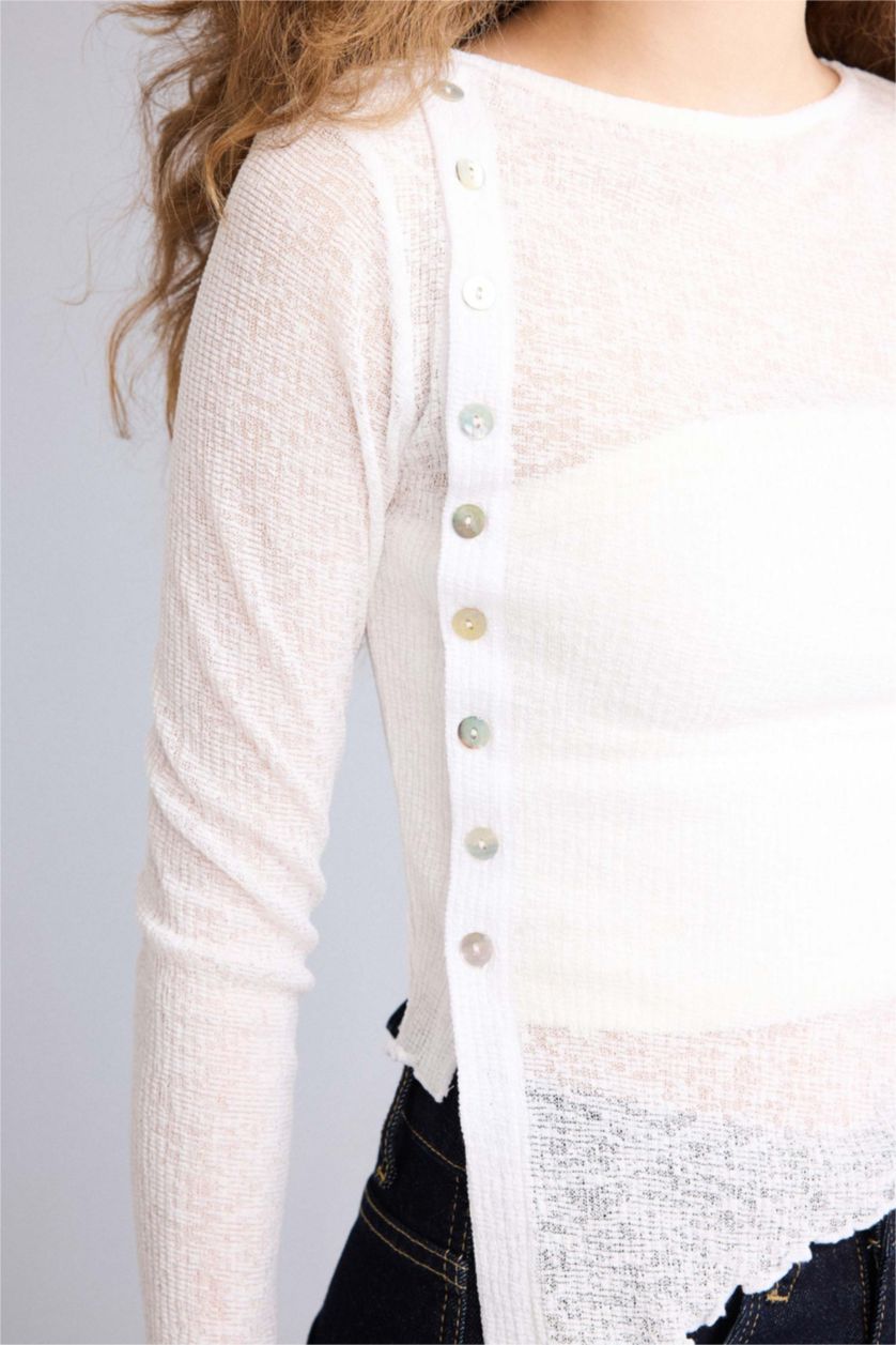 Kadın Kırık Beyaz Fıtted Dantel Detaylı Bluz