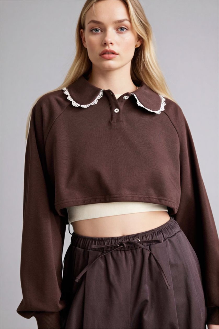 Kadın Kahve Bebe Yaka Sırt Baskılı Sweatshirt