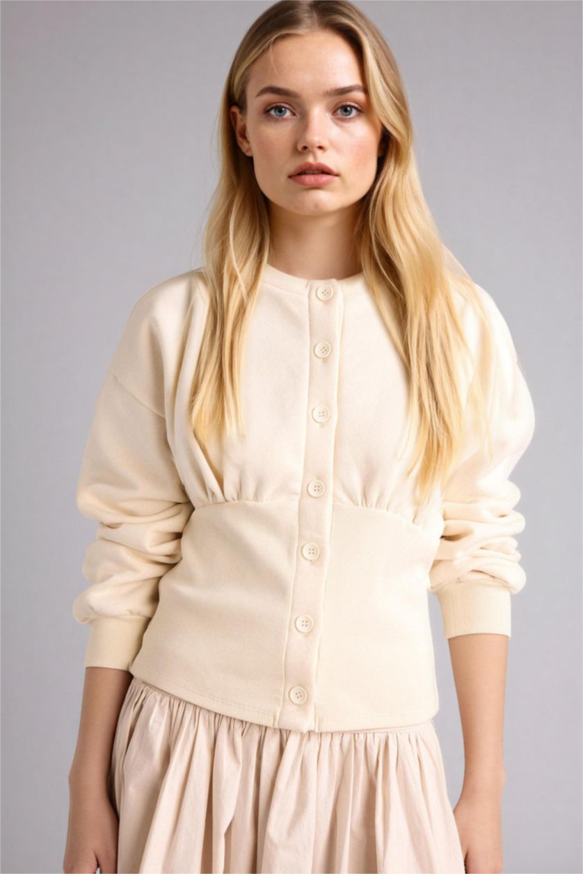 Woman Beige Slim Fit Crew Neck Thick Sweatshirt Fabric Cardigan