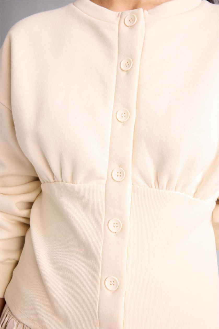 WOMAN Beige Slim Fit Crew Neck Thick Sweatshirt Fabric Cardigan