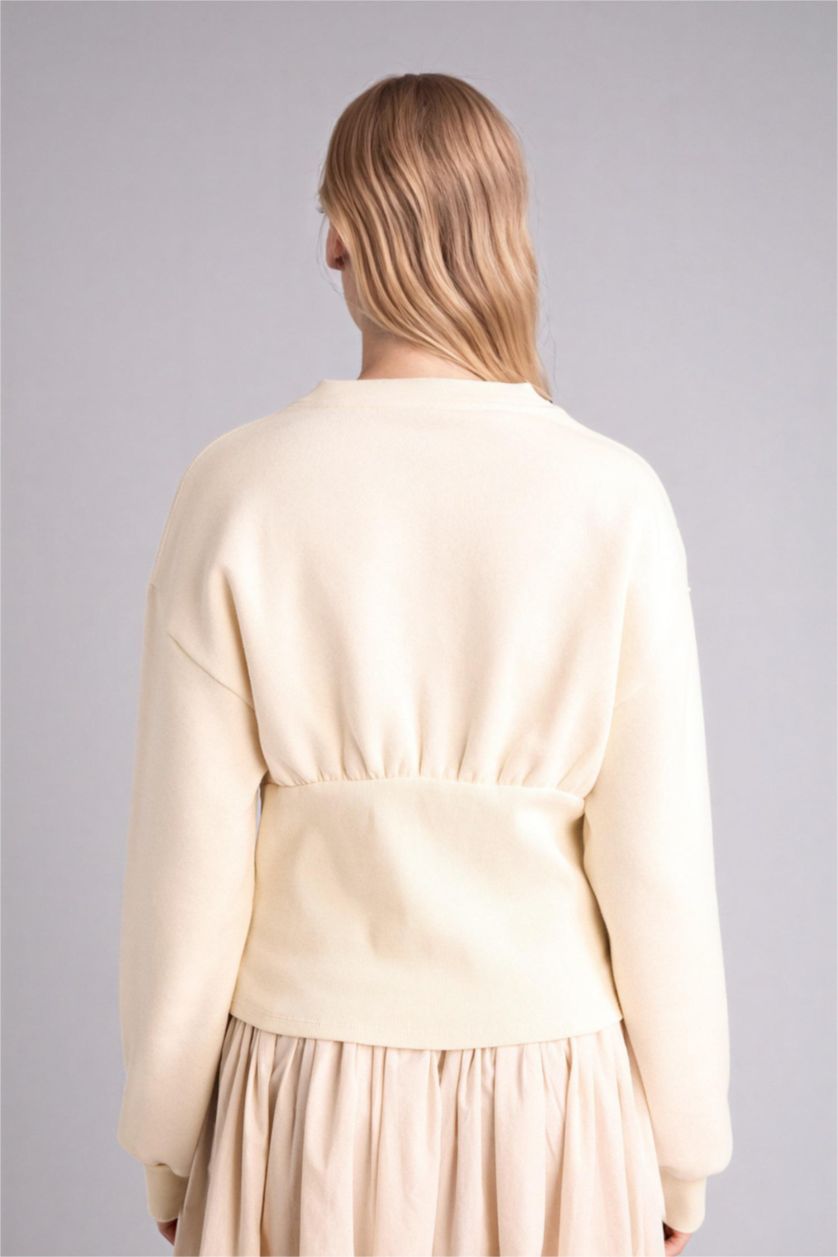 WOMAN Beige Slim Fit Crew Neck Thick Sweatshirt Fabric Cardigan