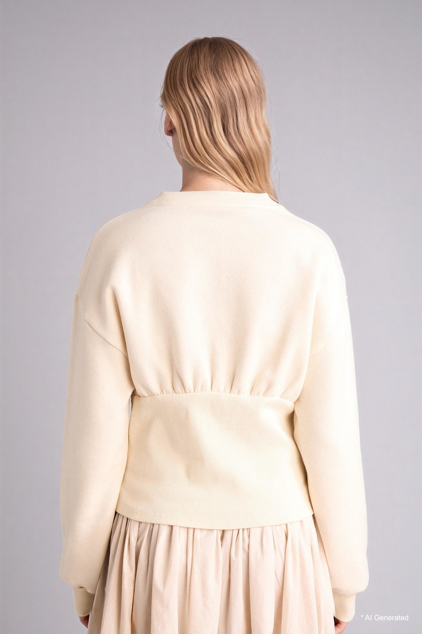Women Beige Slim Fit Crew Neck Thick Sweatshirt Fabric Cardigan