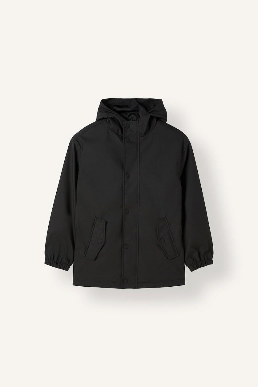 BOYS & TEENS Black معطف مطر أولادي من التفتا بغطاء رأس