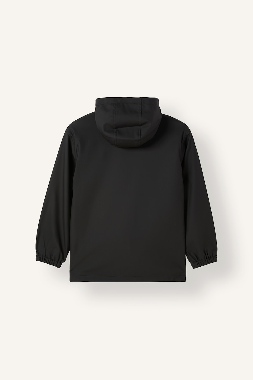 BOYS & TEENS Black معطف مطر أولادي من التفتا بغطاء رأس