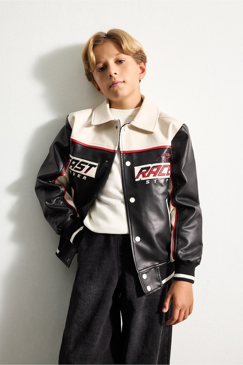 Young Boys - Teen Boys Black Boy Oversize Windproof Faux Leather Jacket