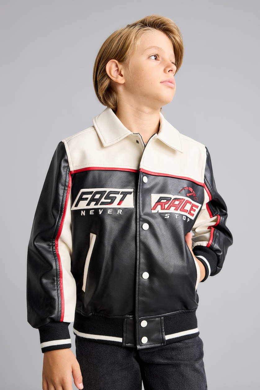 Erkek Çocuk - Genç Erkek Siyah Oversize Fit Rüzgar Geçirmez Suni Deri Mont Erkek Çocuk