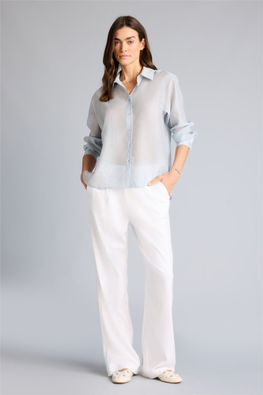 نساء أزرق فاتح قميص ردن طويل منسوج اوفر سايز