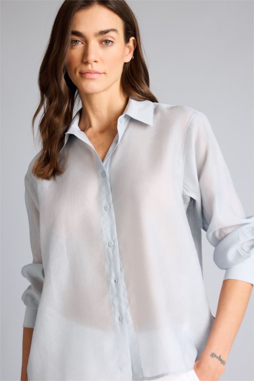 نساء أزرق فاتح قميص ردن طويل منسوج اوفر سايز