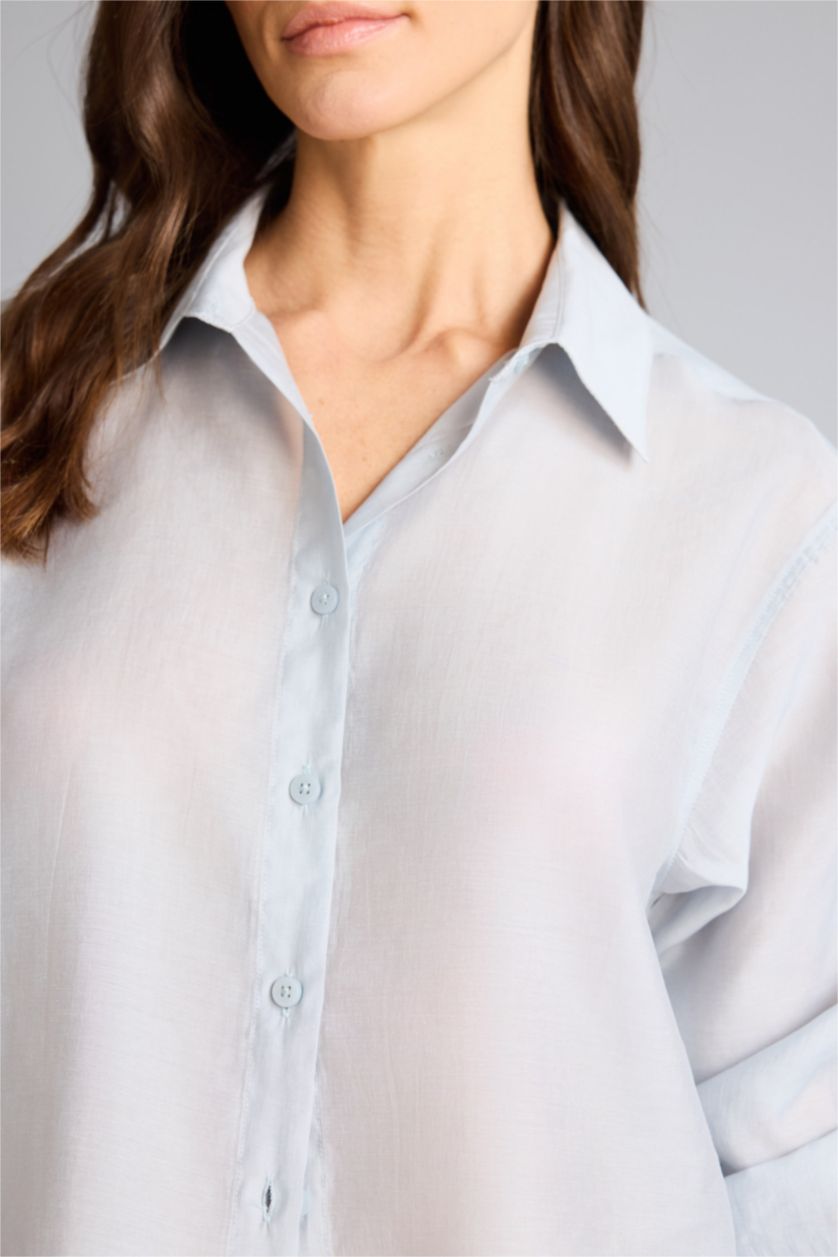 نساء أزرق فاتح قميص ردن طويل منسوج اوفر سايز