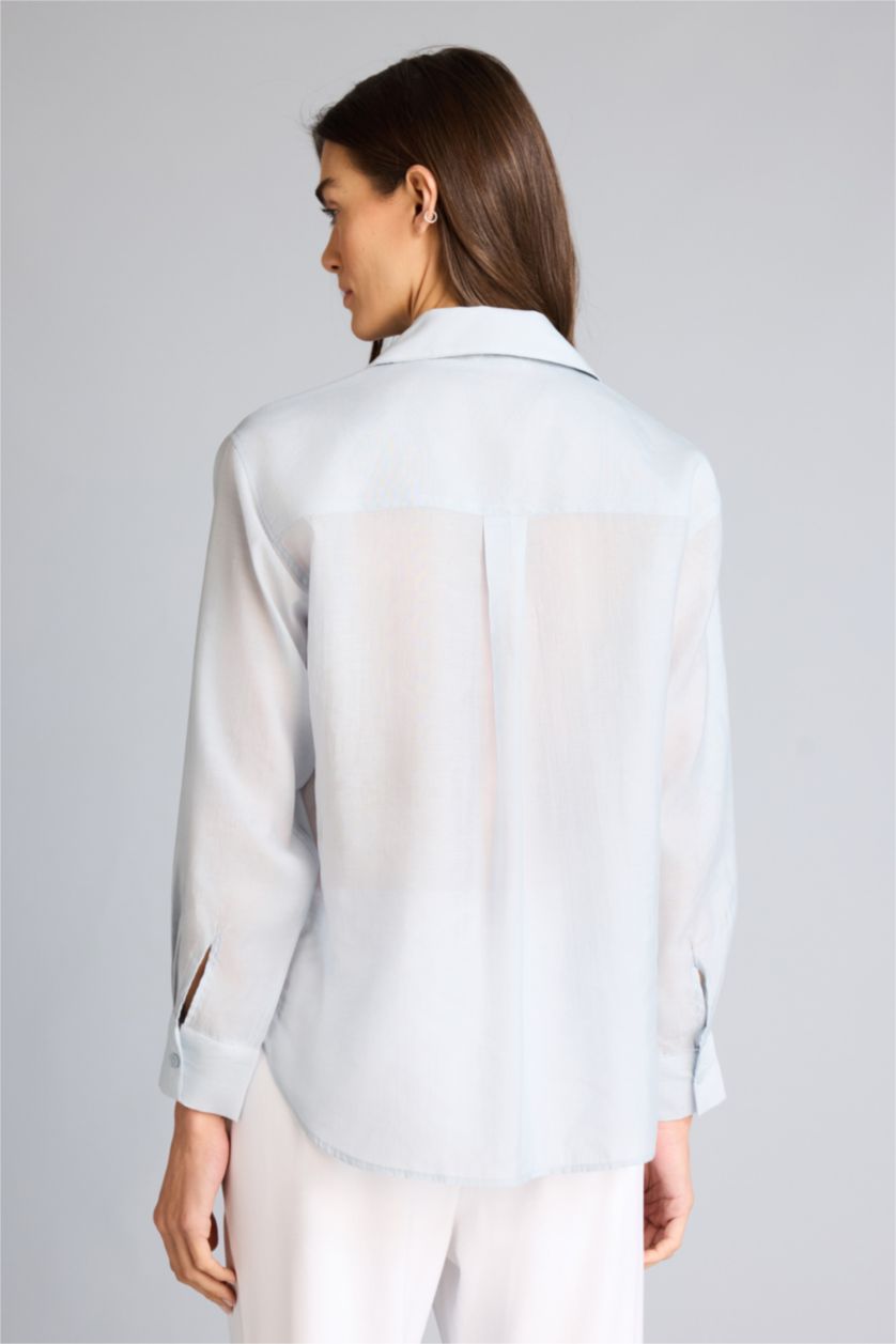 نساء أزرق فاتح قميص ردن طويل منسوج اوفر سايز