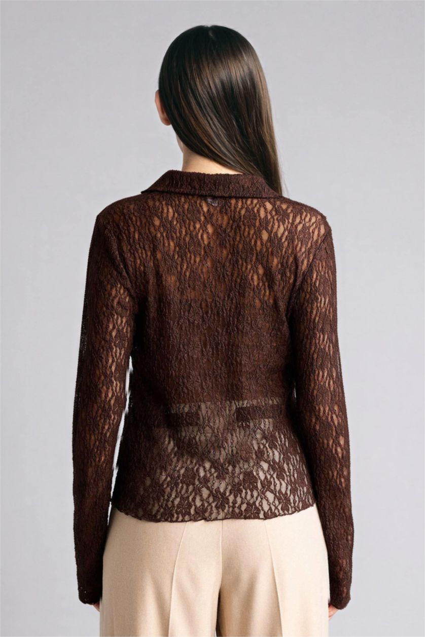 Woman Brown Slim Fit Shirt Collar Lace Long Sleeve Shirt