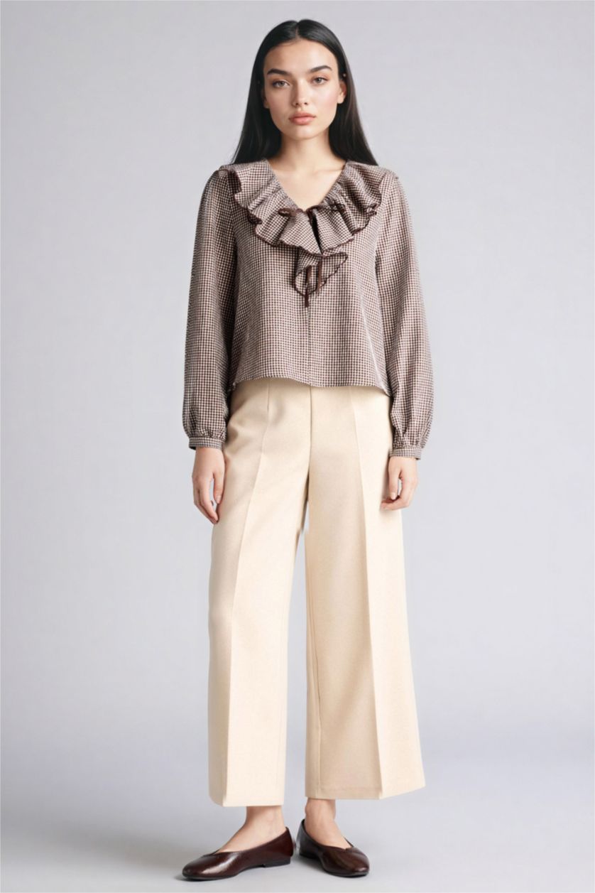 Woman Light Brown Regular Fit V-Neck Plaid Long Sleeve Blouse