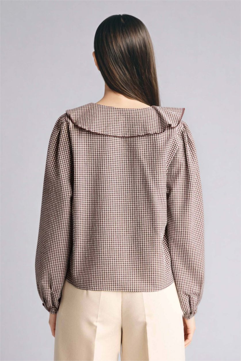 Woman Light Brown Regular Fit V-Neck Plaid Long Sleeve Blouse