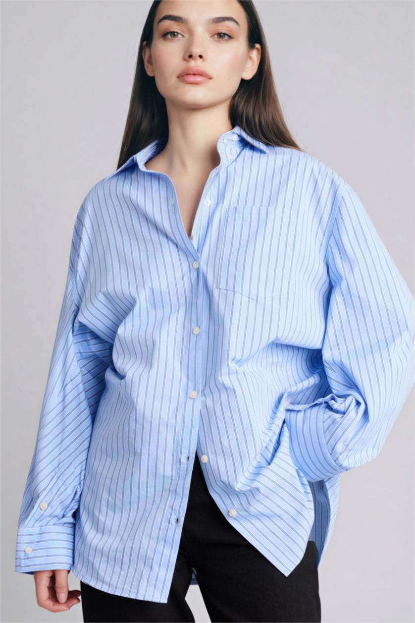 FEMME Bleu Chemise popeline rayée à col chemise oversize