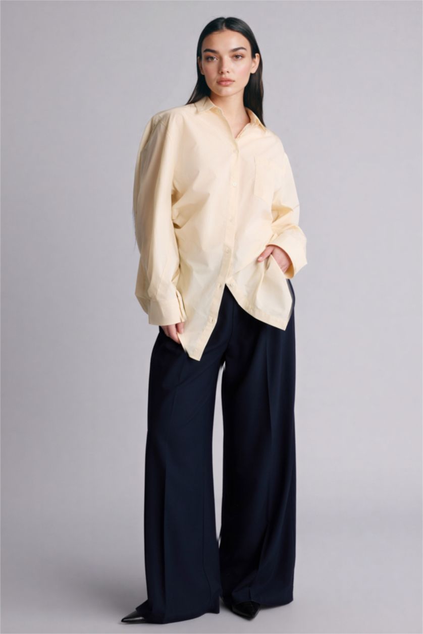 نساء اللون الرملي قميص ردن طويل بوبلين اوفر سايز