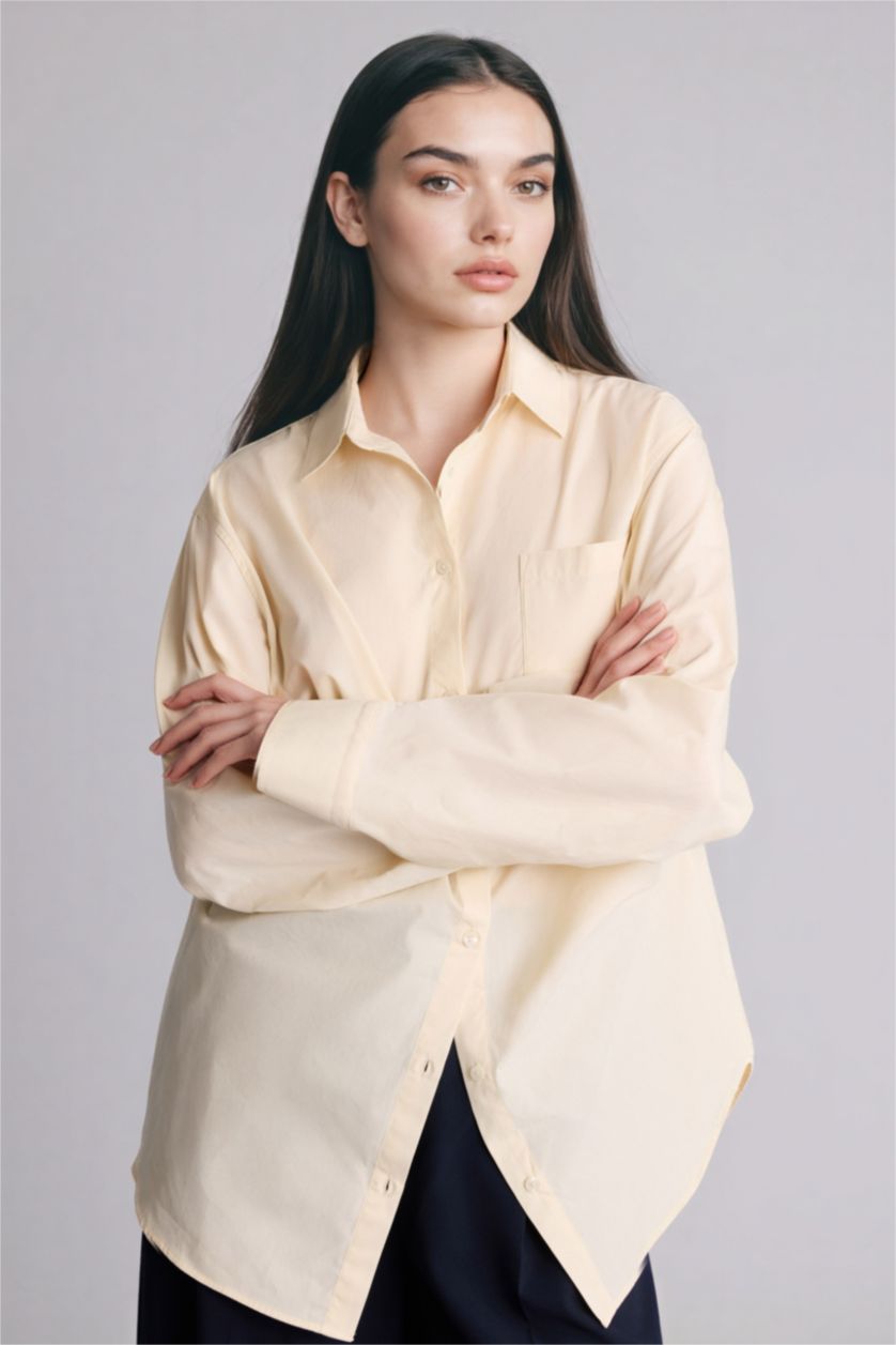 نساء اللون الرملي قميص ردن طويل بوبلين اوفر سايز