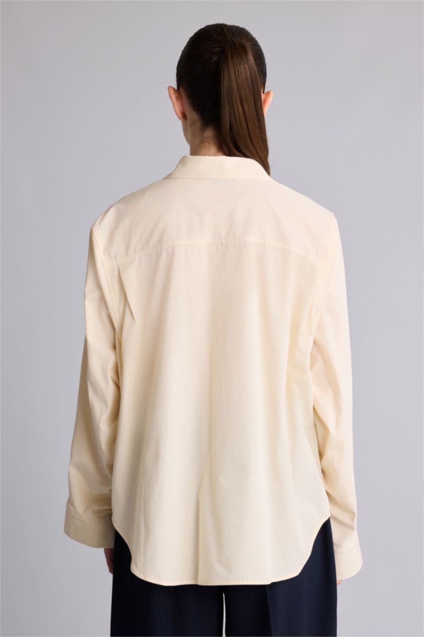 حريمي اللون الرملي قميص كم طويل بوبلين اوفر سايز