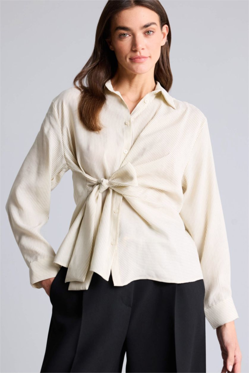 نساء اللون الرملي قميص مخطط ردن طويل اوفر سايز