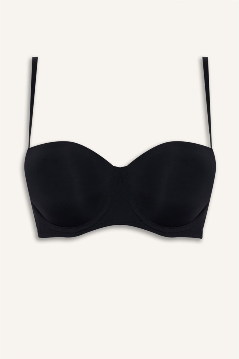 Kadın Siyah Micro Kaplı Pedli Balenli Straplez Sütyen