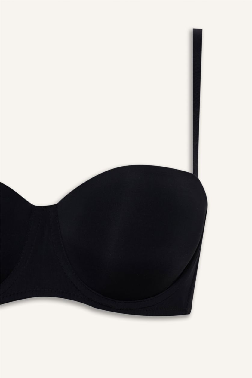 Kadın Siyah Micro Kaplı Pedli Balenli Straplez Sütyen