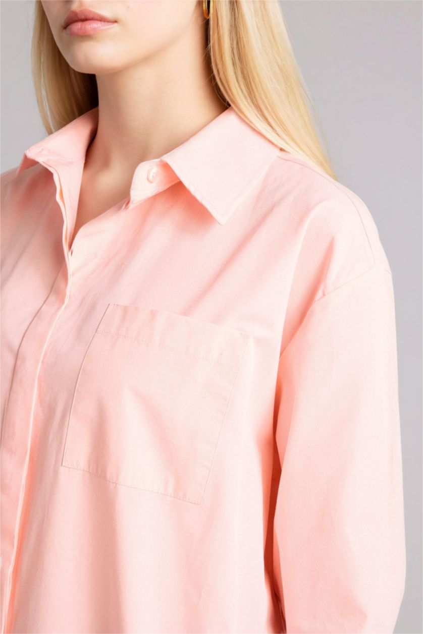 نساء زهري قميص ردن طويل بوبلين اوفر سايز