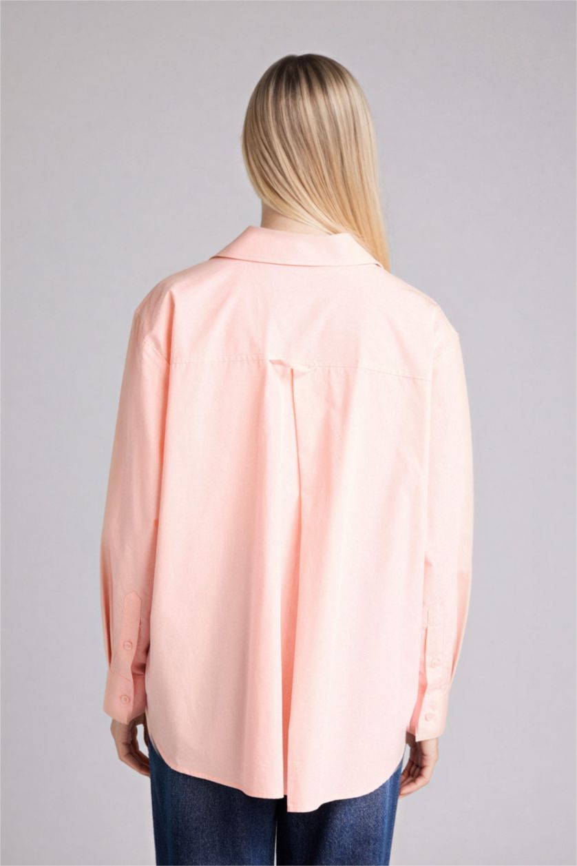 نساء زهري قميص ردن طويل بوبلين اوفر سايز