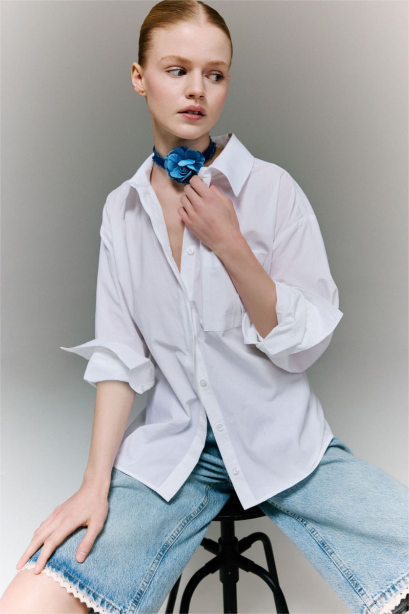 Kadın Beyaz %100 Pamuk Oversıze Poplin Uzun Kollu Gömlek